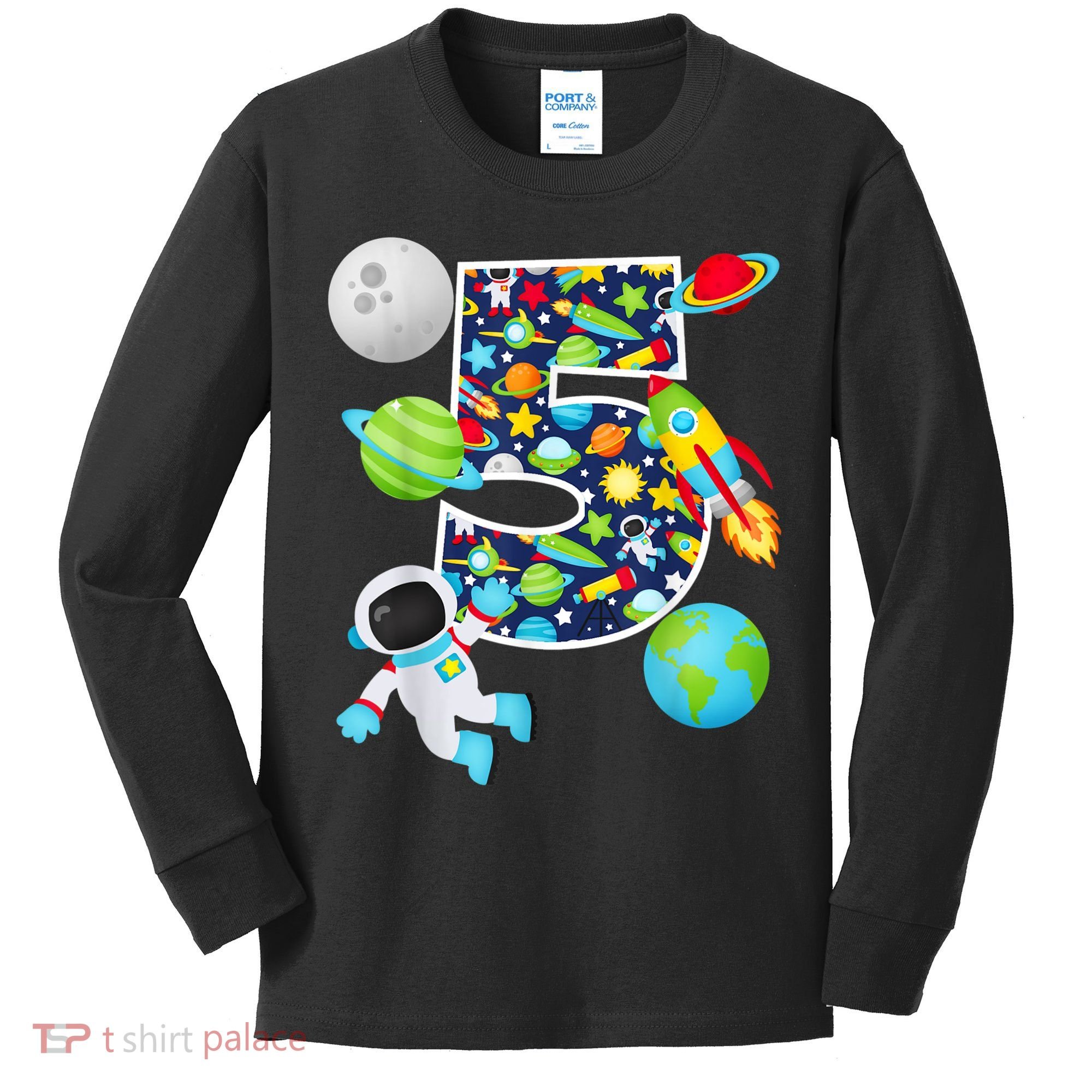 Outer Space 5 Year Old 5th Birthday Party Solar System Kids Long Sleeve Shirt