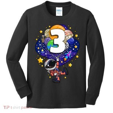 Outer Space Astronaut 3rd Birthday Boy 3 Year Old Three Funny Gift Kids Long Sleeve Shirt