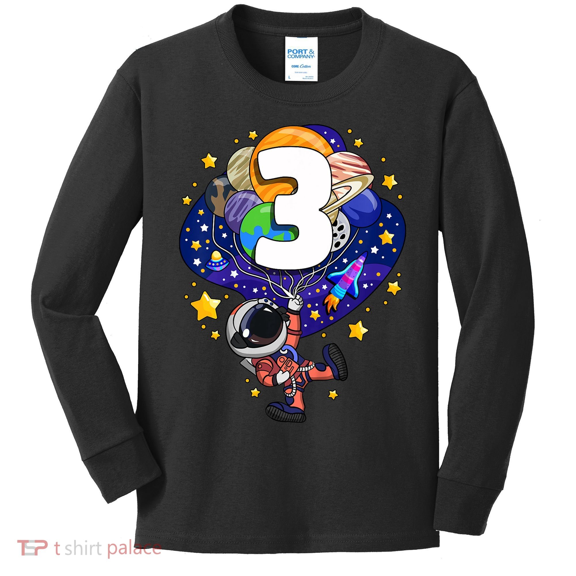 Outer Space Astronaut 3rd Birthday Boy 3 Year Old Three Funny Gift Kids Long Sleeve Shirt
