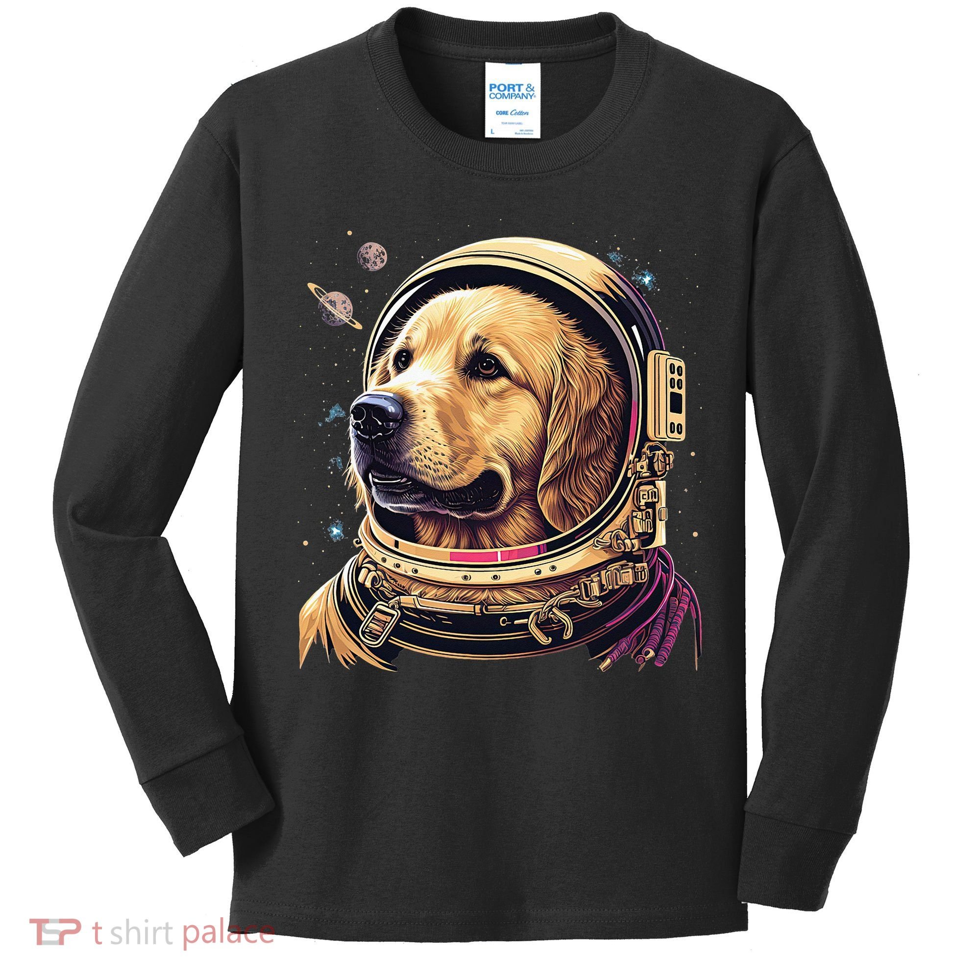 Outer Space Astronaut Golden Retriever Lover Dog Lover Kids Long Sleeve Shirt