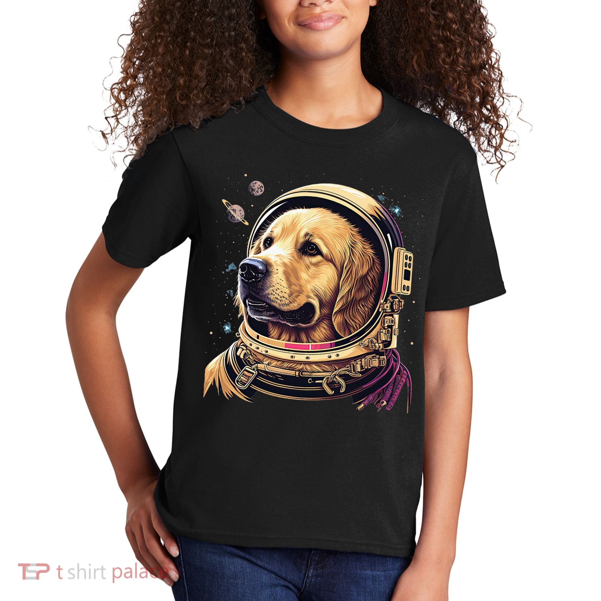 Outer Space Astronaut Golden Retriever Lover Dog Lover Kids T-Shirt