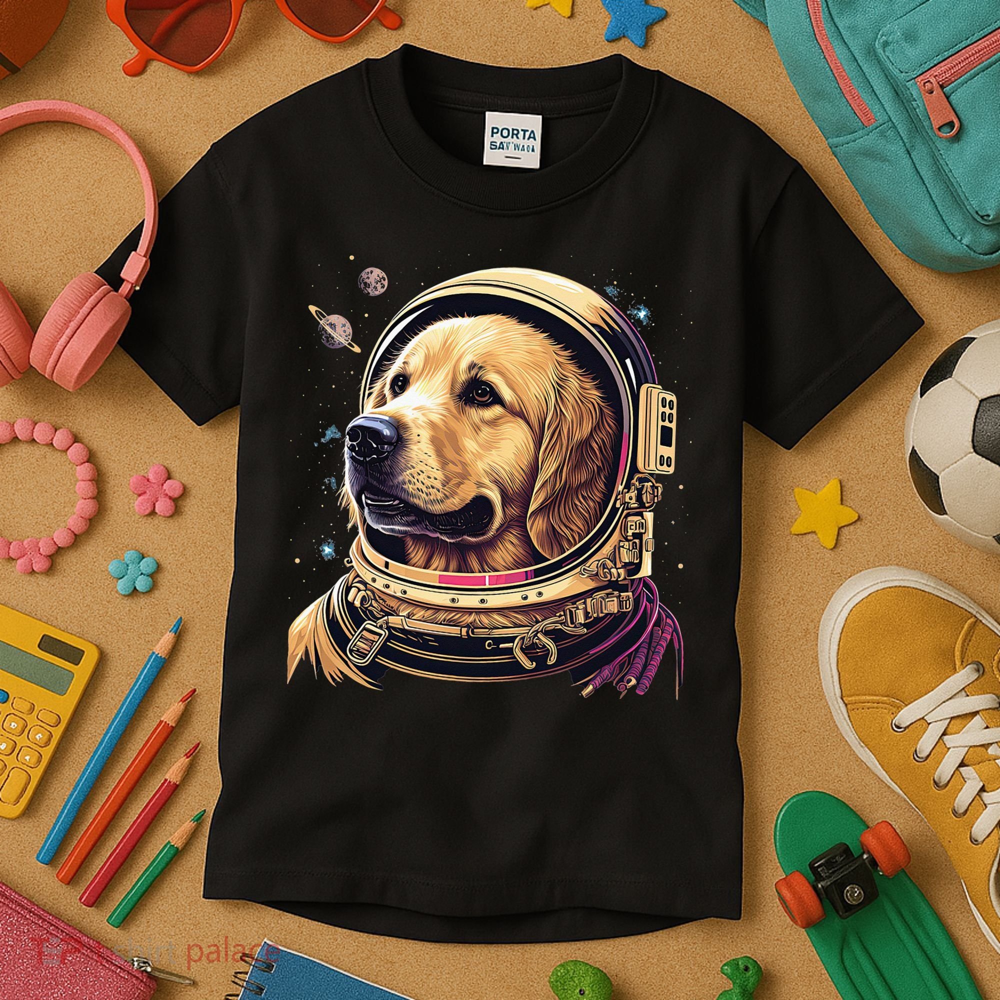Outer Space Astronaut Golden Retriever Lover Dog Lover Kids T-Shirt