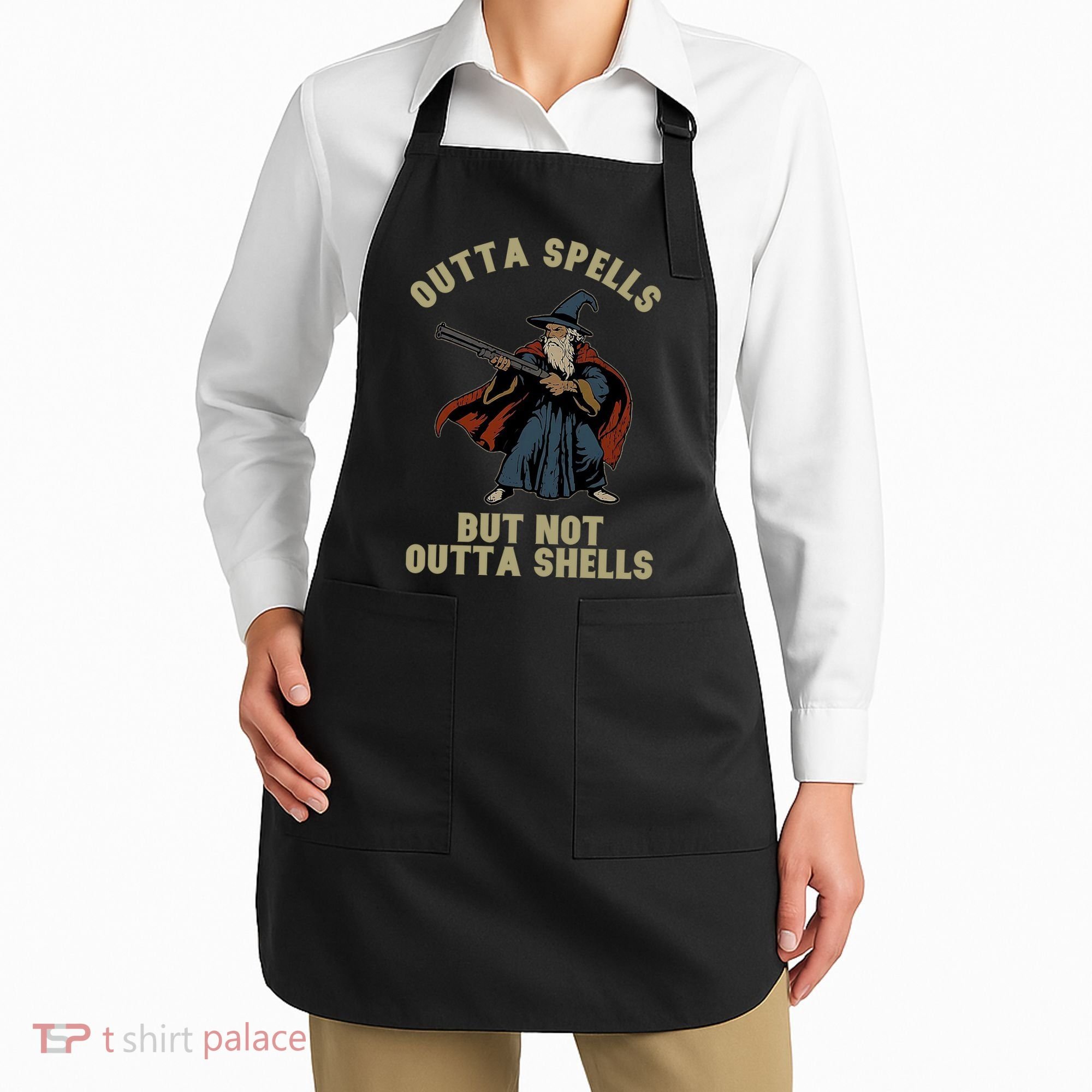 Outta Spells But Not Outta Shells Wizard Fantasy Meme Apron