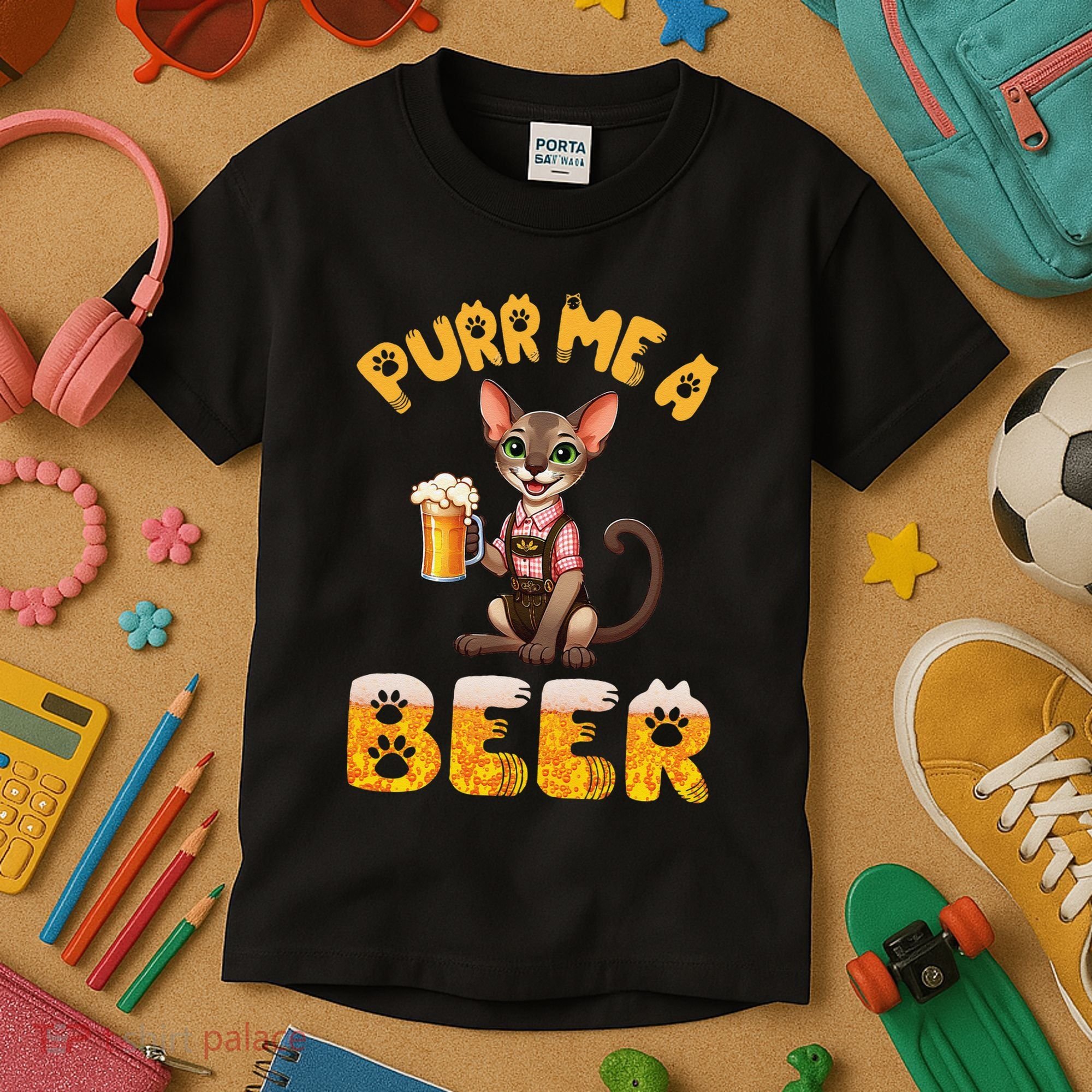 Oriental Shorthair Cat Bavarian Drinking Beer Purr Me A Beer Kids T-Shirt