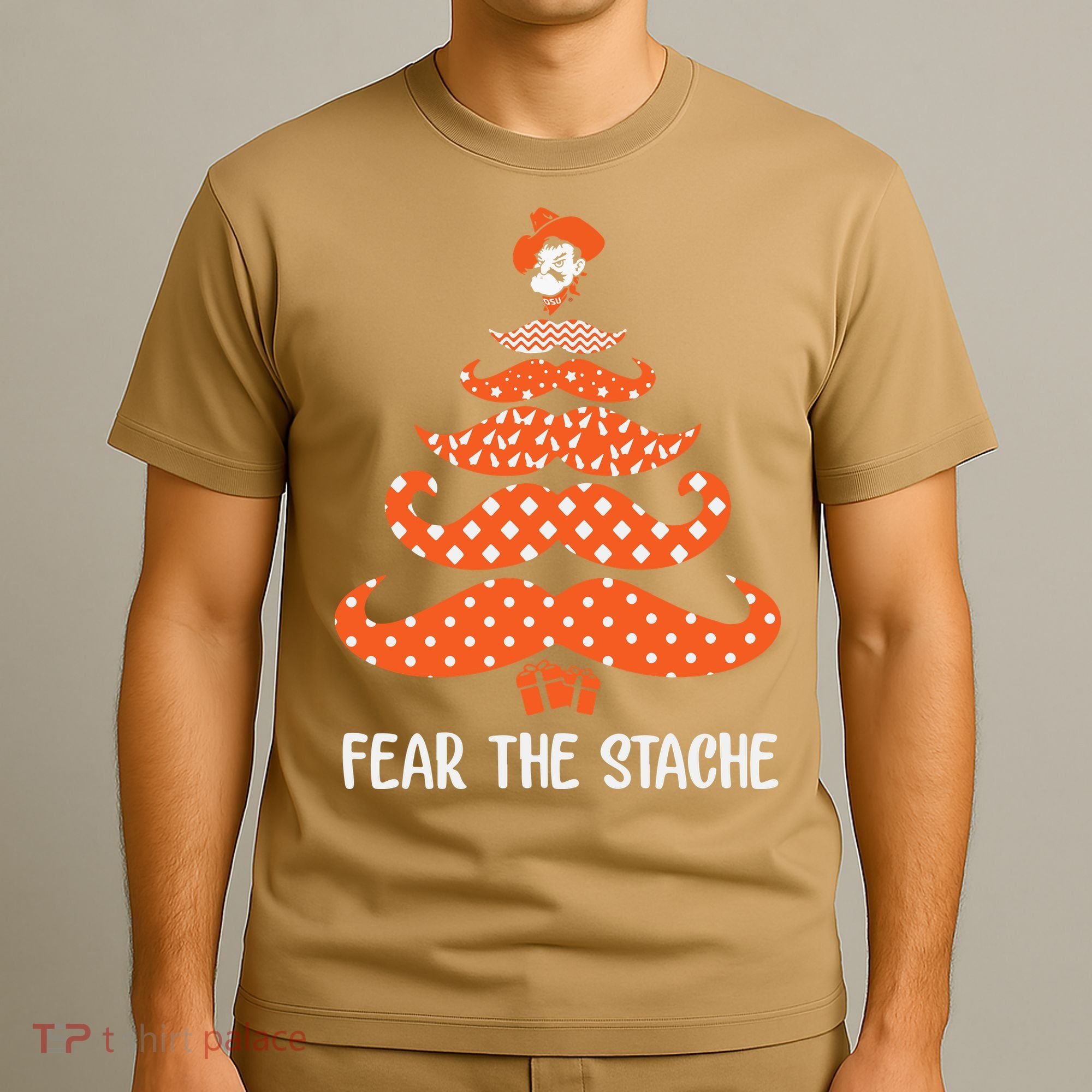 Oklahoma State Cowboys Mustache Christmas Tree Fear The Stache Beard T-Shirt