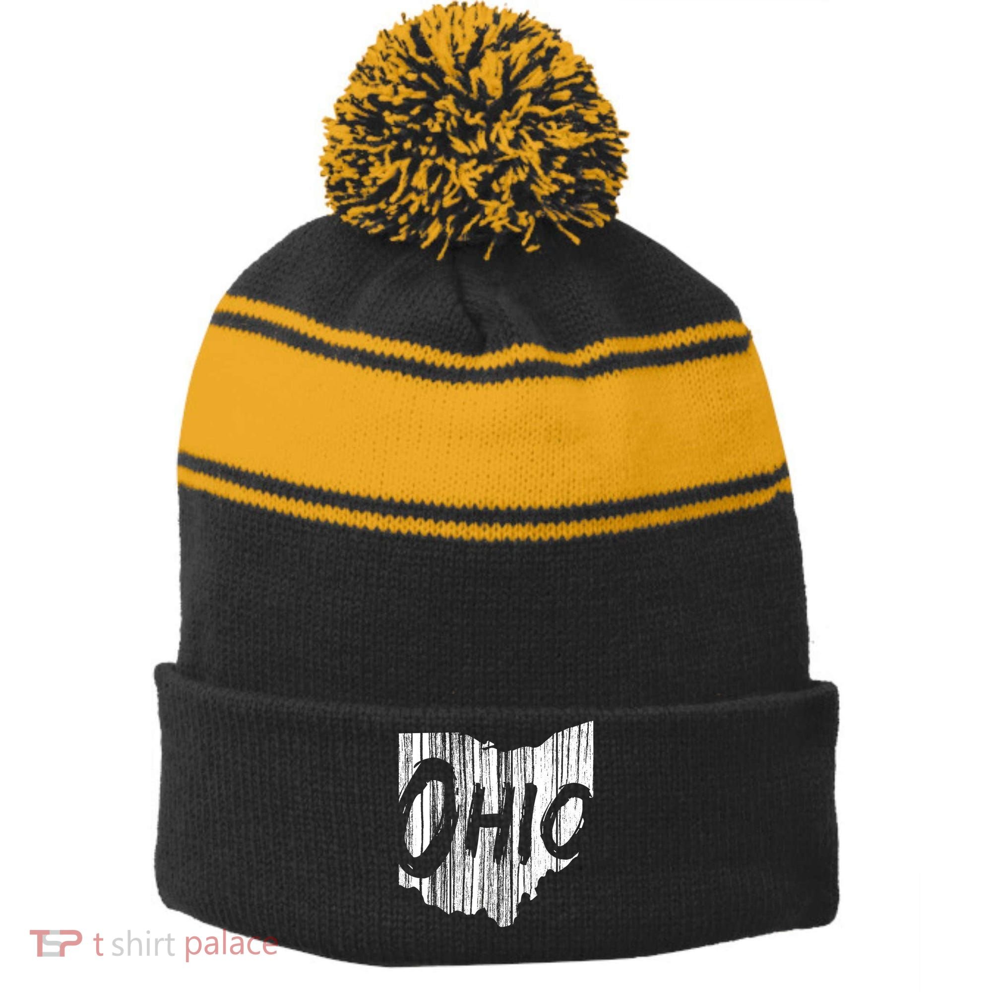 Ohio State Distressed Stripe Pom Pom Beanie
