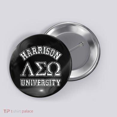 Old School Fraternity Comedy Property Harrison University Button