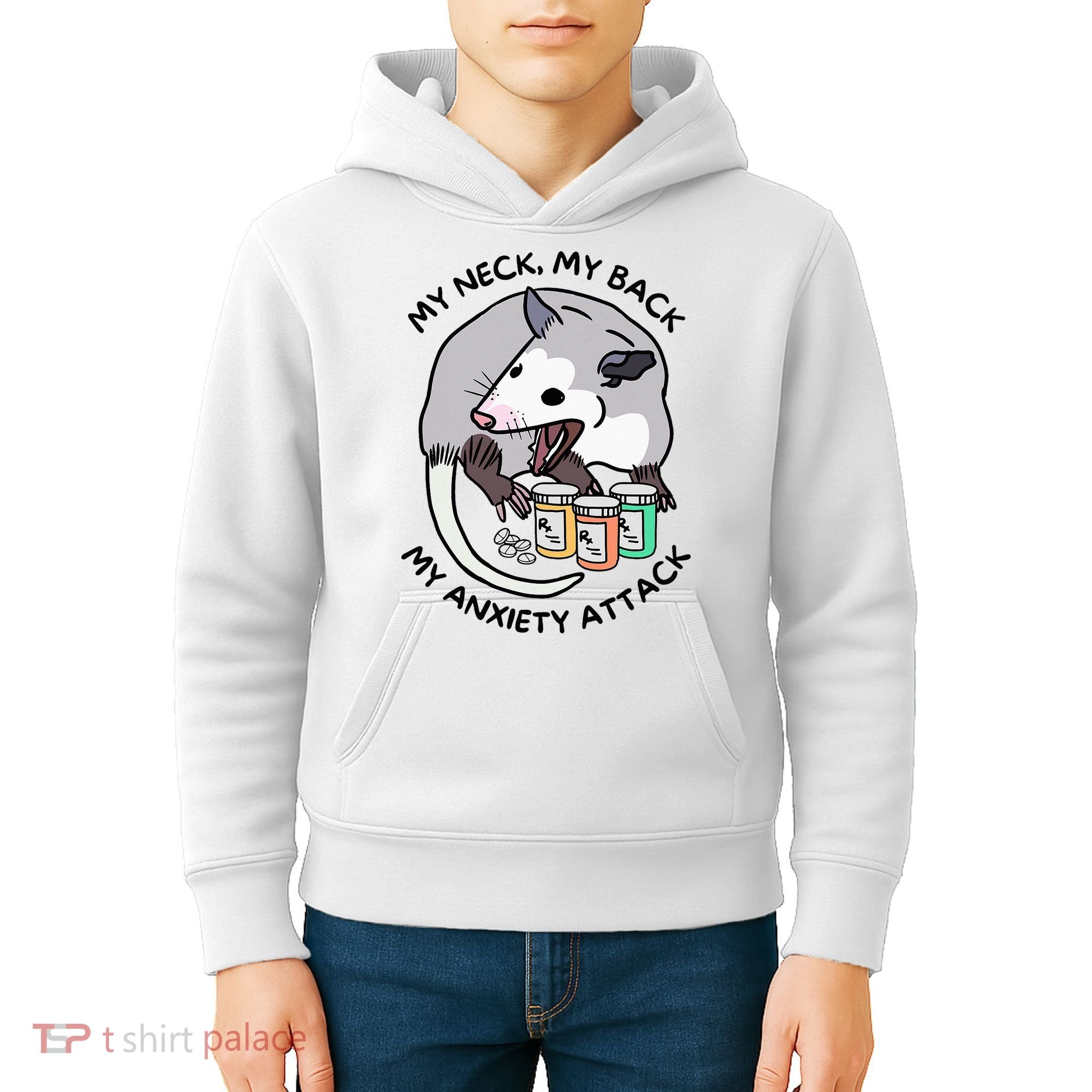 Opossum Screaming Funny My Neck My Back My Anxiety Attack Kids Hoodie