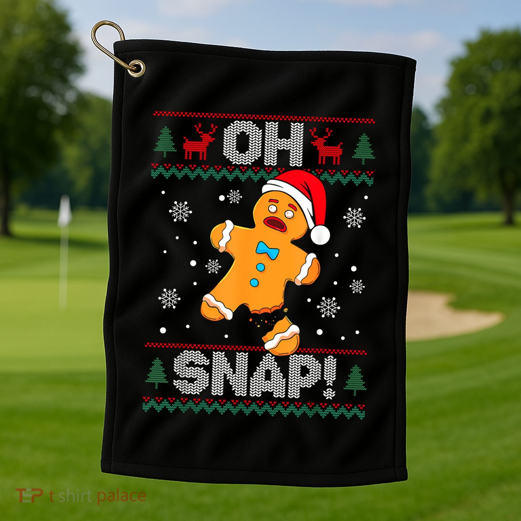 Oh Snap Gingerbread Man Cookie Christmas Funny Ugly Sweater Golf Towel