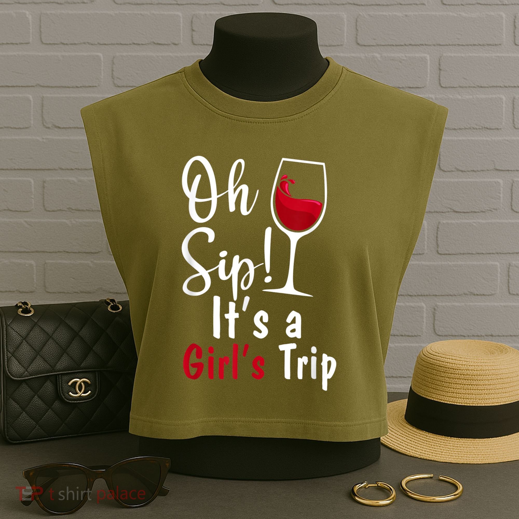 Oh Sip! It's A Girls Trip Funny Wine Party Garment-Dyed Women's Muscle Tee