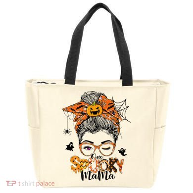 One Spooky Mama For Halloween Messy Bun Mom Monster Bleached Tote Bag