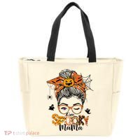 One Spooky Mama For Halloween Messy Bun Mom Monster Bleached Tote Bag thumb 0