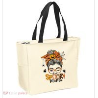 One Spooky Mama For Halloween Messy Bun Mom Monster Bleached Tote Bag thumb 2