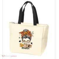 One Spooky Mama For Halloween Messy Bun Mom Monster Bleached Tote Bag thumb 3
