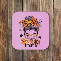 One Spooky Mama For Halloween Messy Bun Mom Monster Bleached Coaster thumb 0