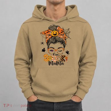 One Spooky Mama For Halloween Messy Bun Mom Monster Bleached Hoodie