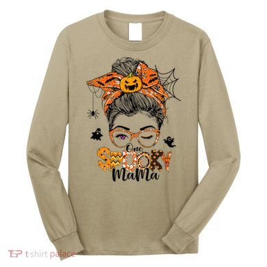 One Spooky Mama For Halloween Messy Bun Mom Monster Bleached Long Sleeve Shirt