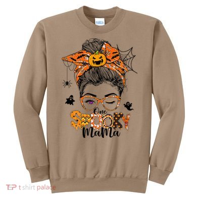 One Spooky Mama For Halloween Messy Bun Mom Monster Bleached Sweatshirt