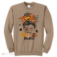 One Spooky Mama For Halloween Messy Bun Mom Monster Bleached Sweatshirt thumb 0