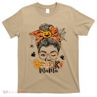 One Spooky Mama For Halloween Messy Bun Mom Monster Bleached T-Shirt thumb 0