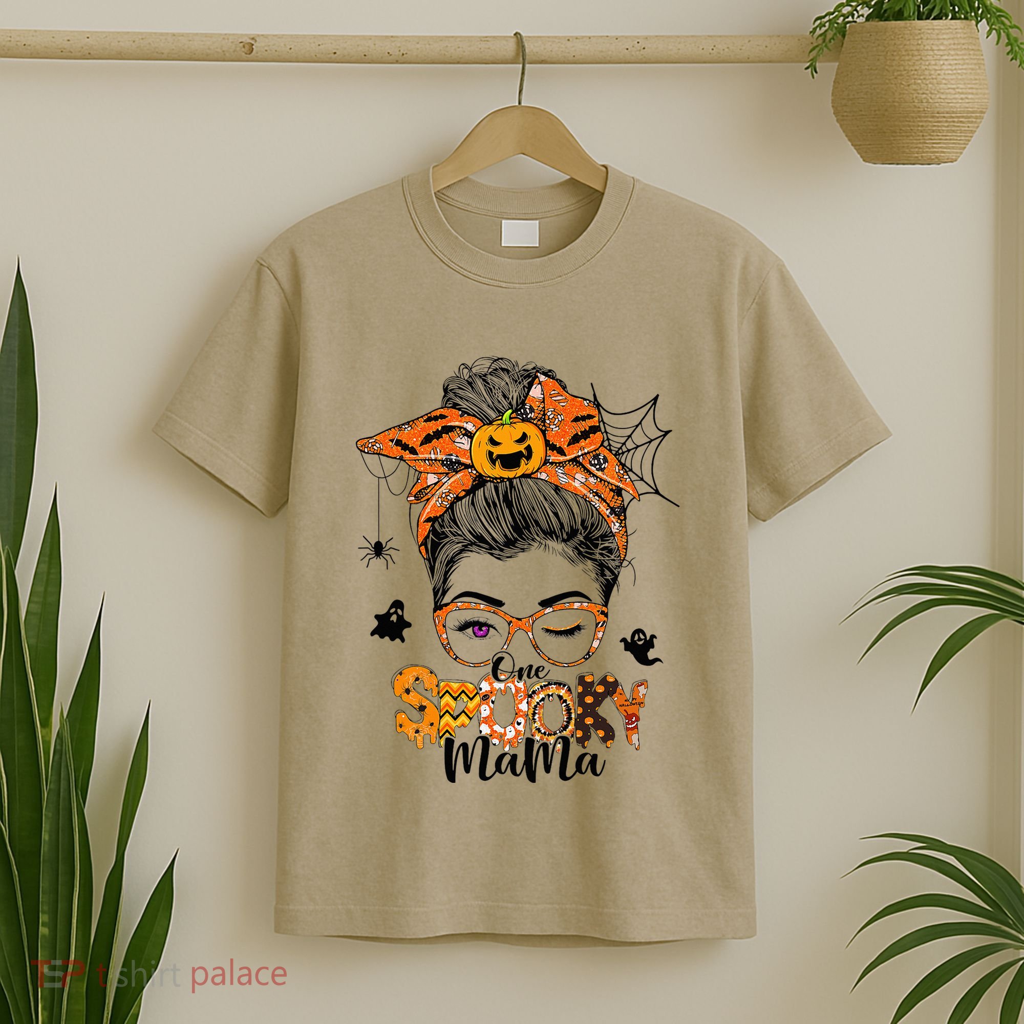 One Spooky Mama For Halloween Messy Bun Mom Monster Bleached T-Shirt