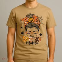 One Spooky Mama For Halloween Messy Bun Mom Monster Bleached T-Shirt thumb 3
