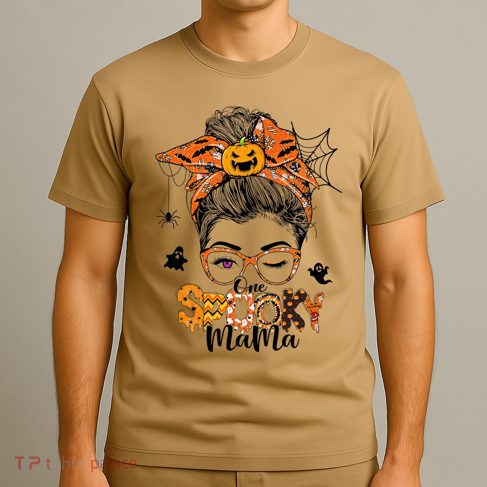 One Spooky Mama For Halloween Messy Bun Mom Monster Bleached T-Shirt