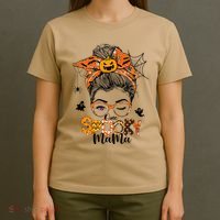 One Spooky Mama For Halloween Messy Bun Mom Monster Bleached T-Shirt thumb 4