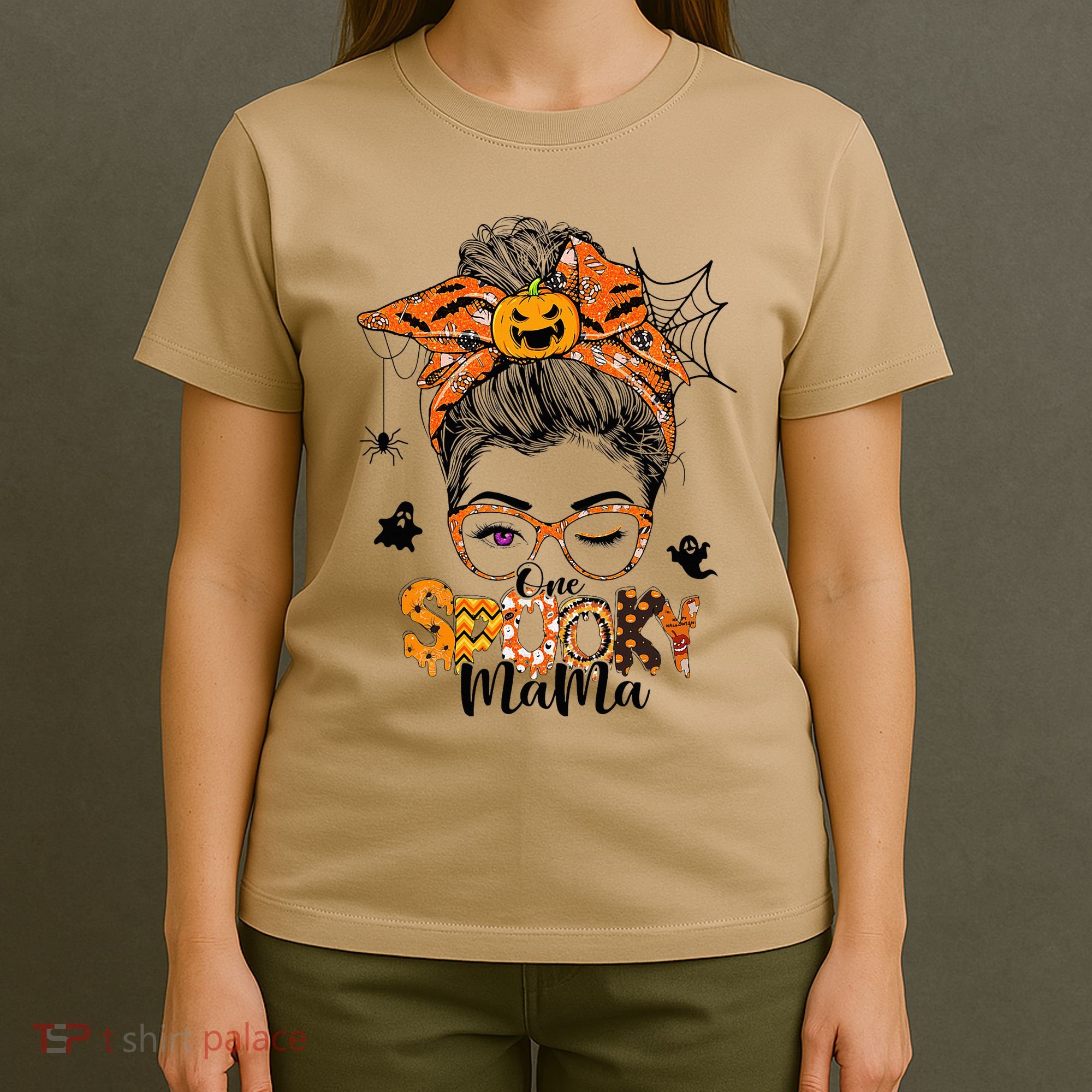 One Spooky Mama For Halloween Messy Bun Mom Monster Bleached T-Shirt