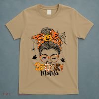 One Spooky Mama For Halloween Messy Bun Mom Monster Bleached T-Shirt thumb 5