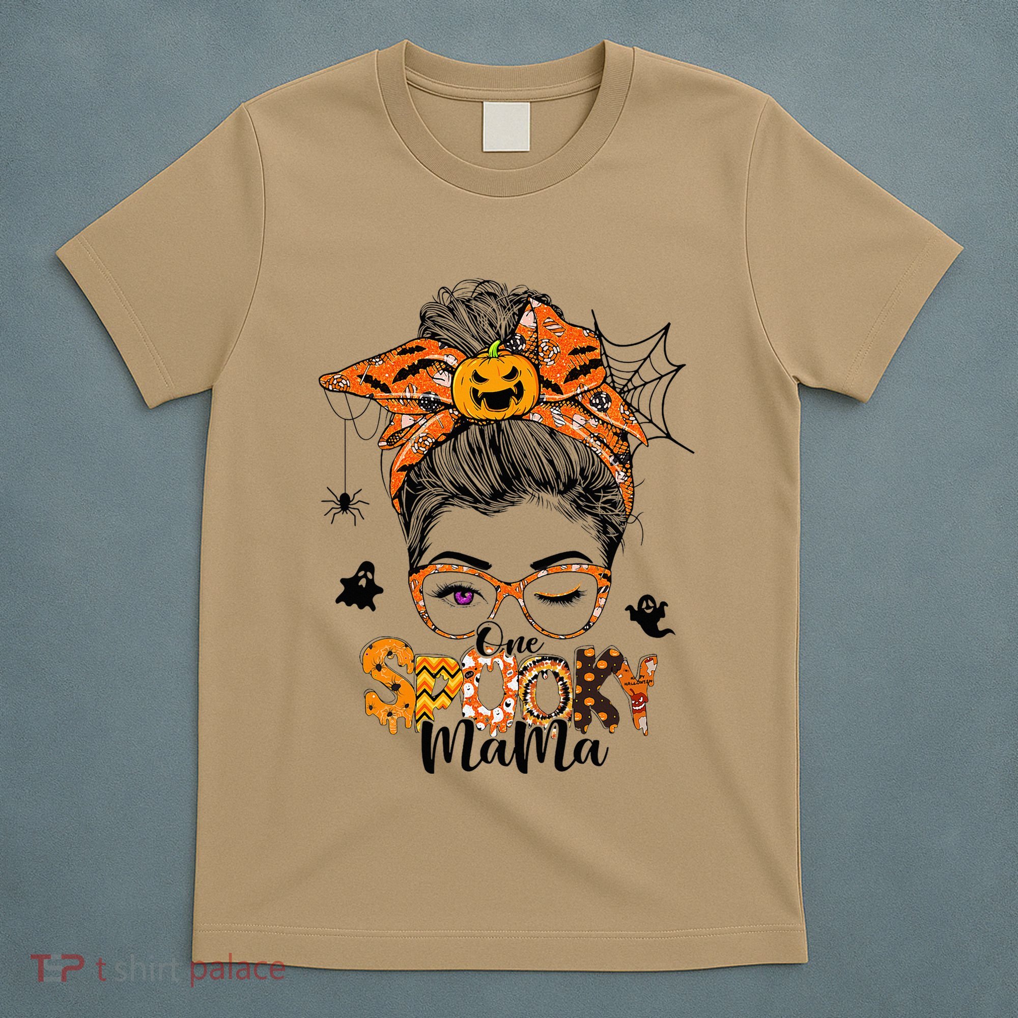 One Spooky Mama For Halloween Messy Bun Mom Monster Bleached T-Shirt