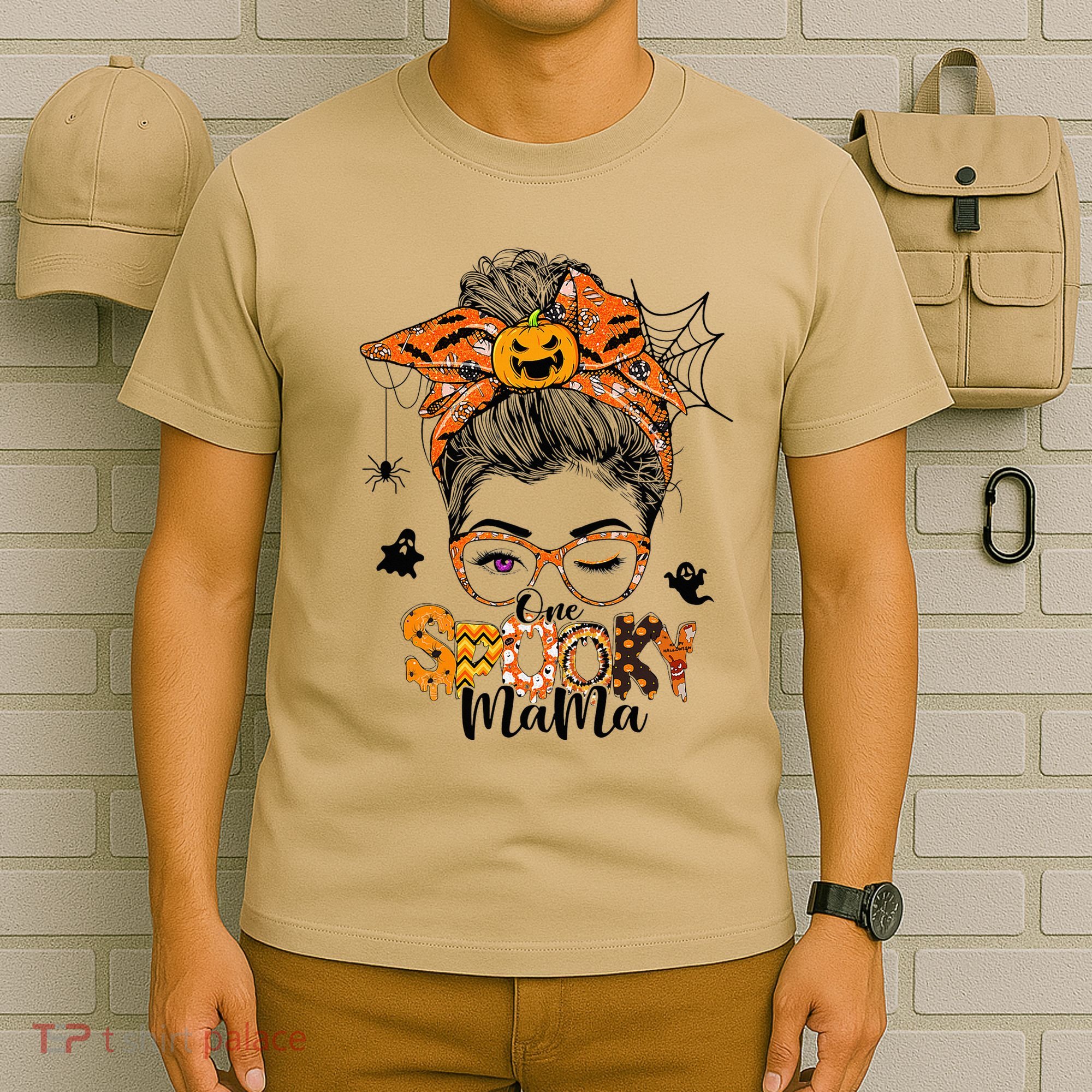 One Spooky Mama For Halloween Messy Bun Mom Monster Bleached T-Shirt