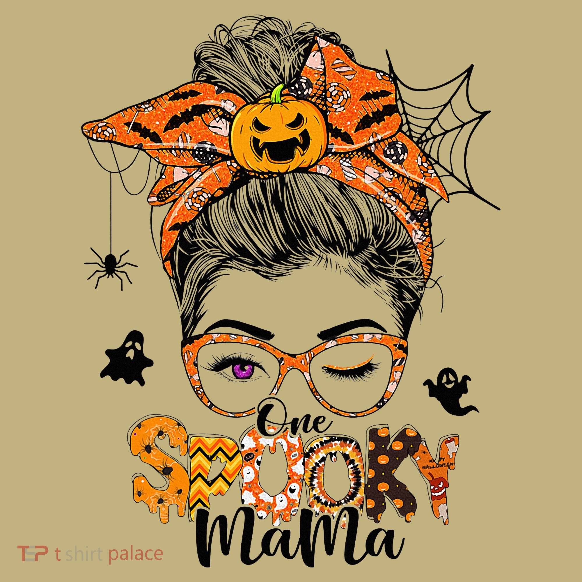 One Spooky Mama For Halloween Messy Bun Mom Monster Bleached T-Shirt
