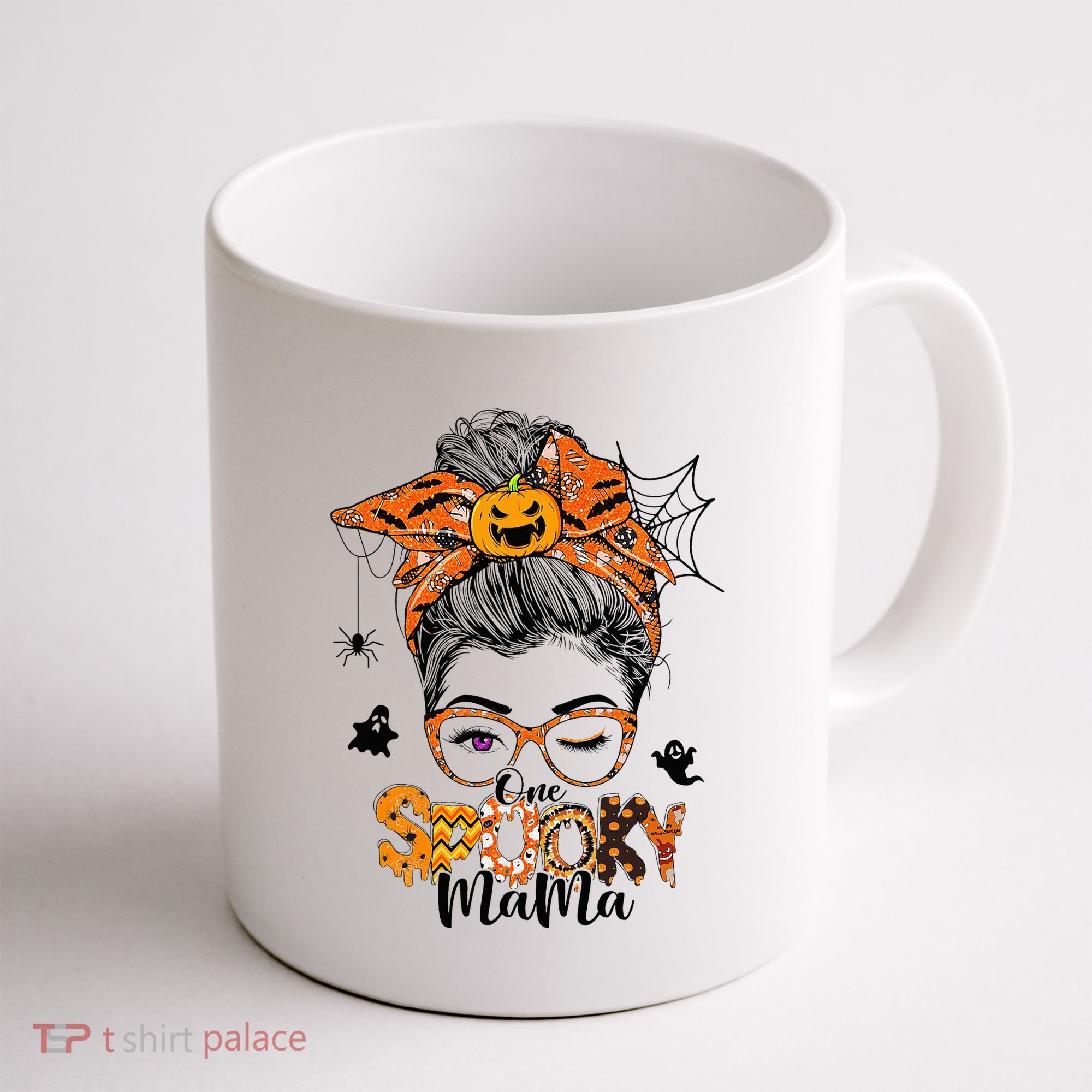 One Spooky Mama For Halloween Messy Bun Mom Monster Bleached Coffee Mug