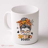 One Spooky Mama For Halloween Messy Bun Mom Monster Bleached Coffee Mug thumb 0