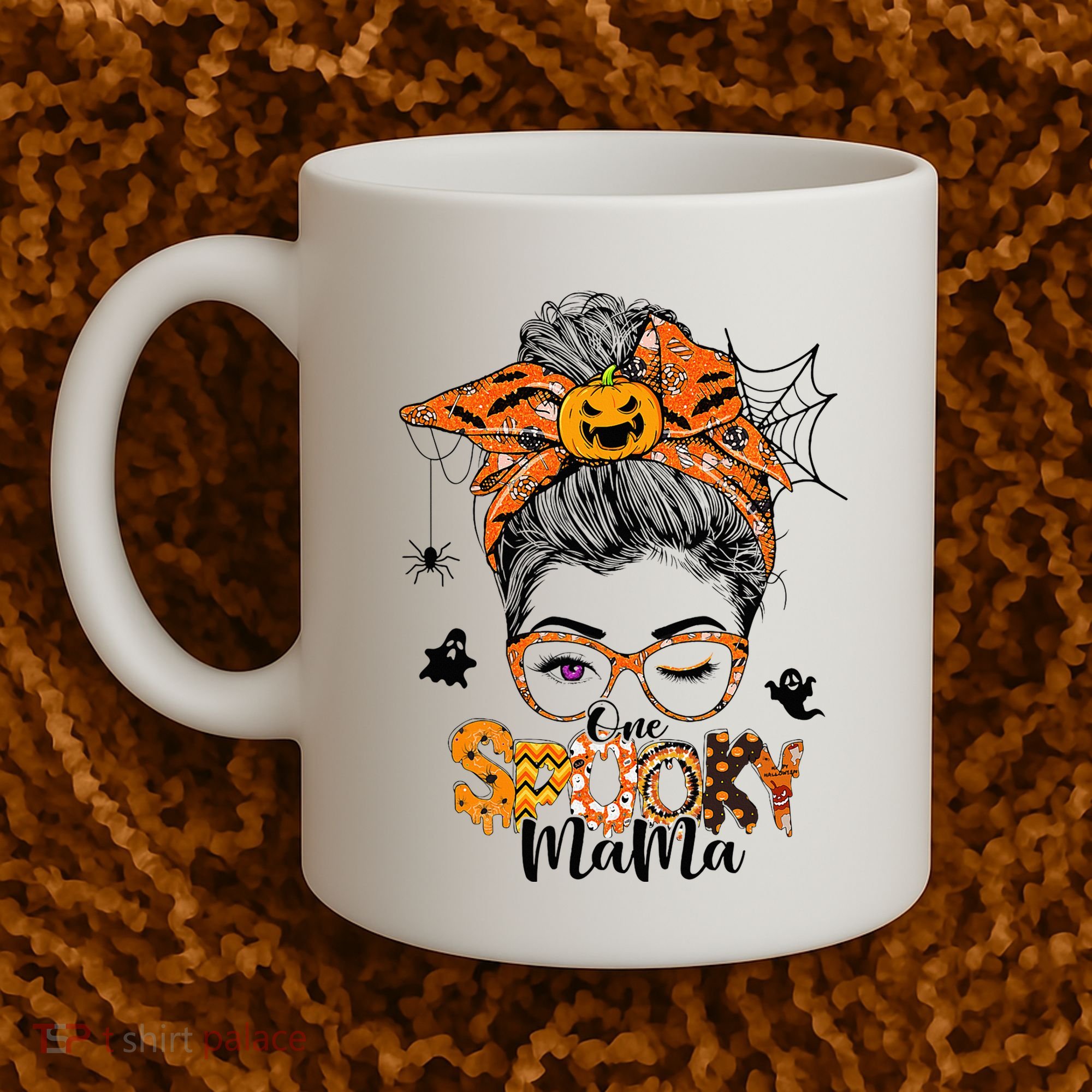 One Spooky Mama For Halloween Messy Bun Mom Monster Bleached Coffee Mug