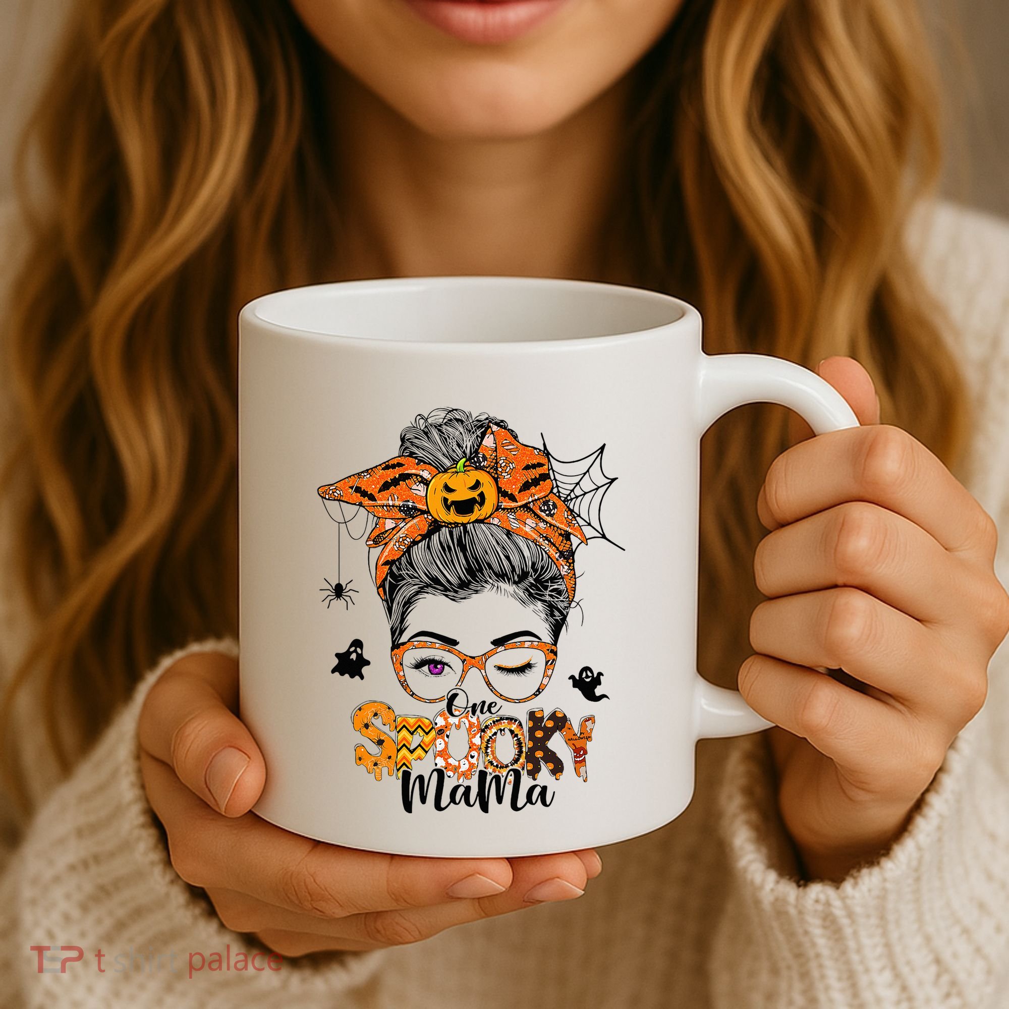 One Spooky Mama For Halloween Messy Bun Mom Monster Bleached Coffee Mug