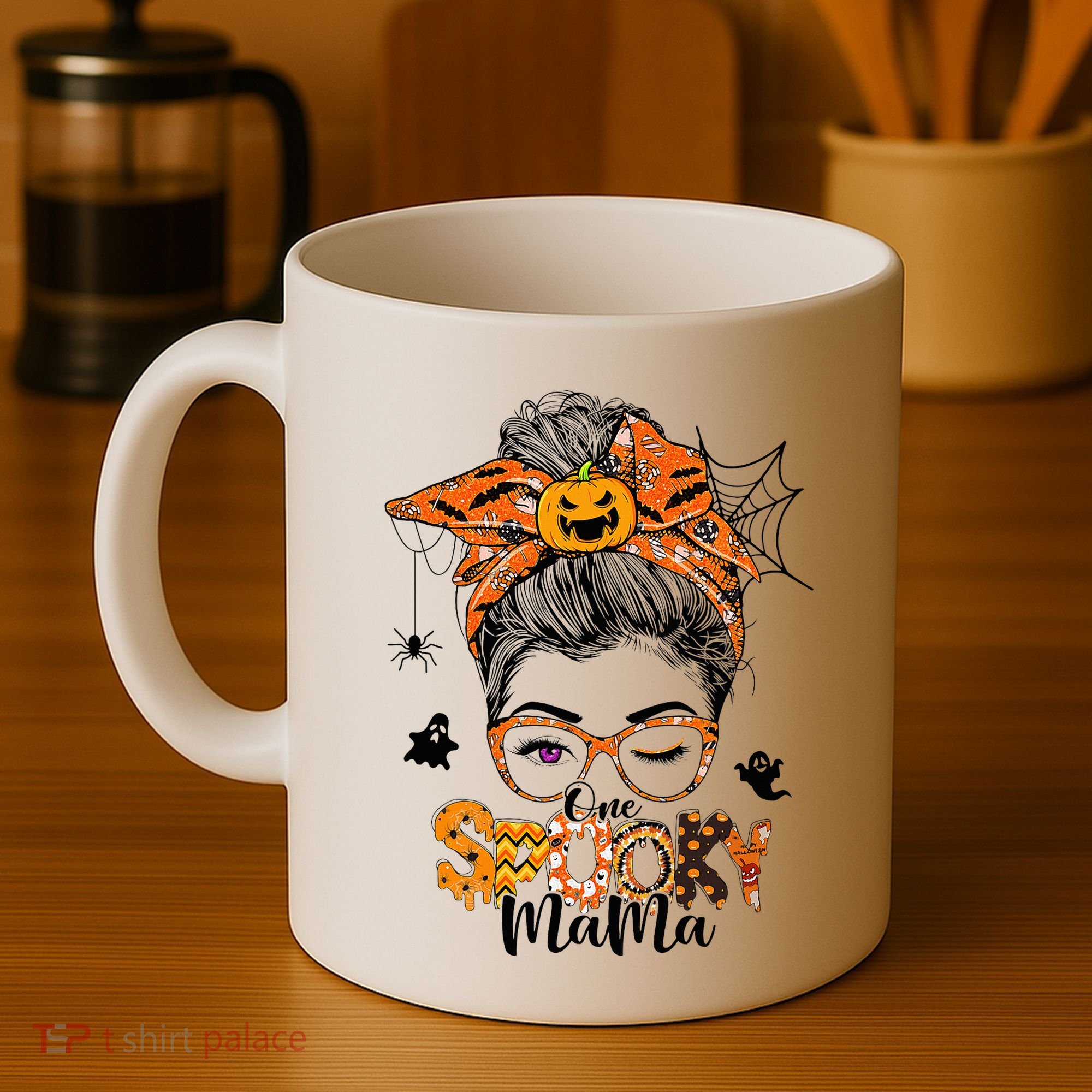 One Spooky Mama For Halloween Messy Bun Mom Monster Bleached Coffee Mug