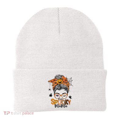 One Spooky Mama For Halloween Messy Bun Mom Monster Bleached Beanie