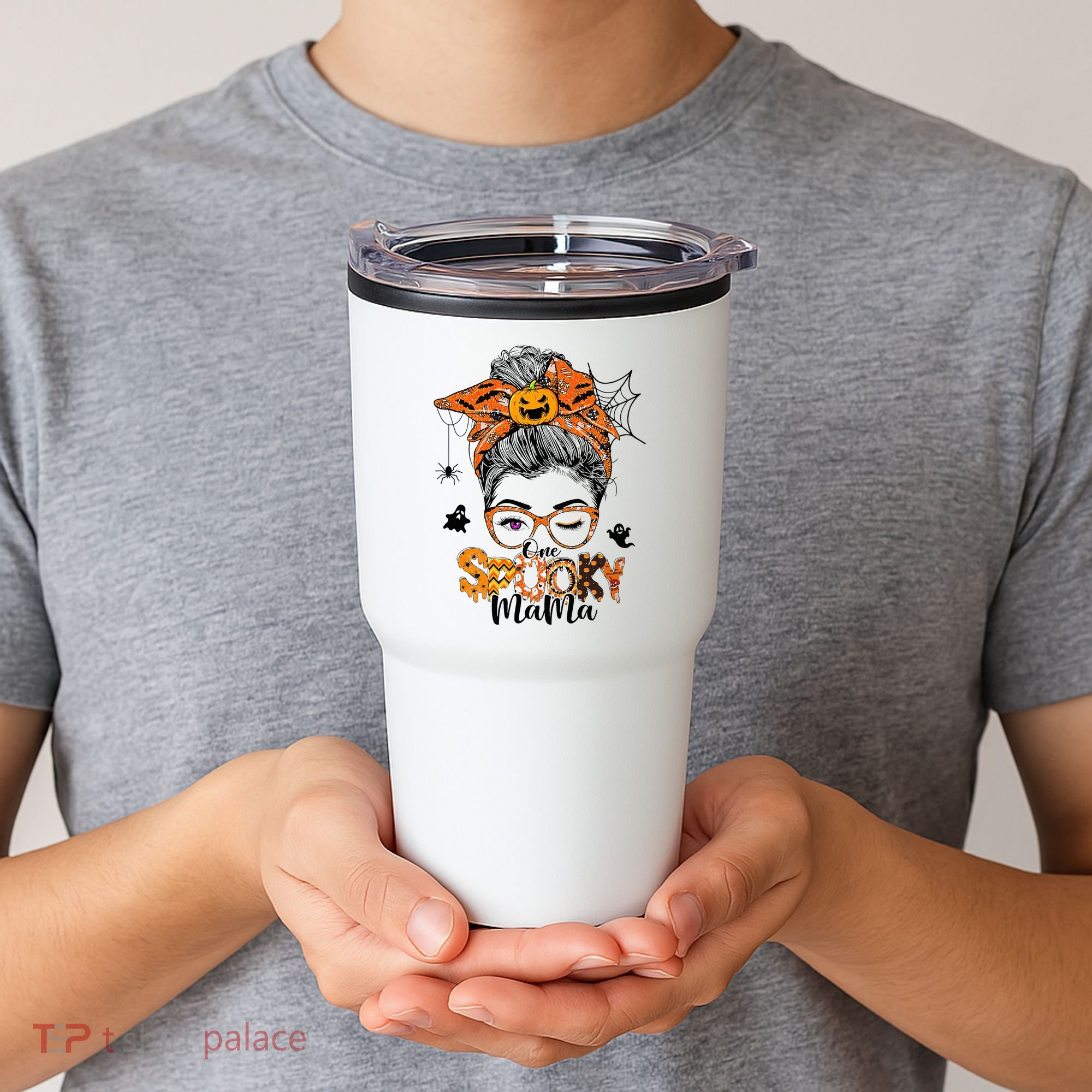 One Spooky Mama For Halloween Messy Bun Mom Monster Bleached Tumbler