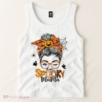 One Spooky Mama For Halloween Messy Bun Mom Monster Bleached Tank Top thumb 2