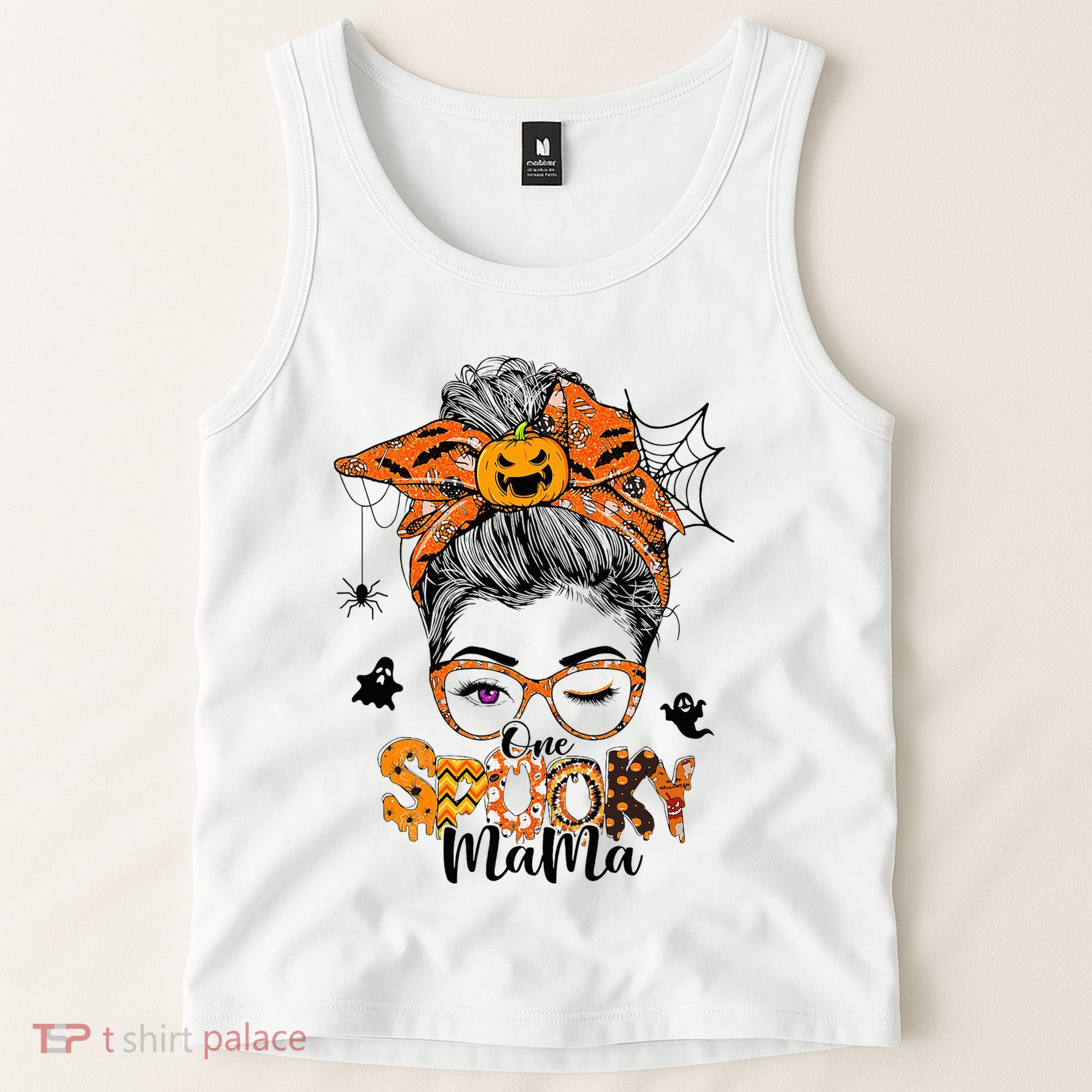 One Spooky Mama For Halloween Messy Bun Mom Monster Bleached Tank Top