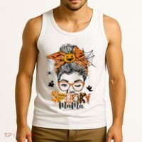 One Spooky Mama For Halloween Messy Bun Mom Monster Bleached Tank Top thumb 3