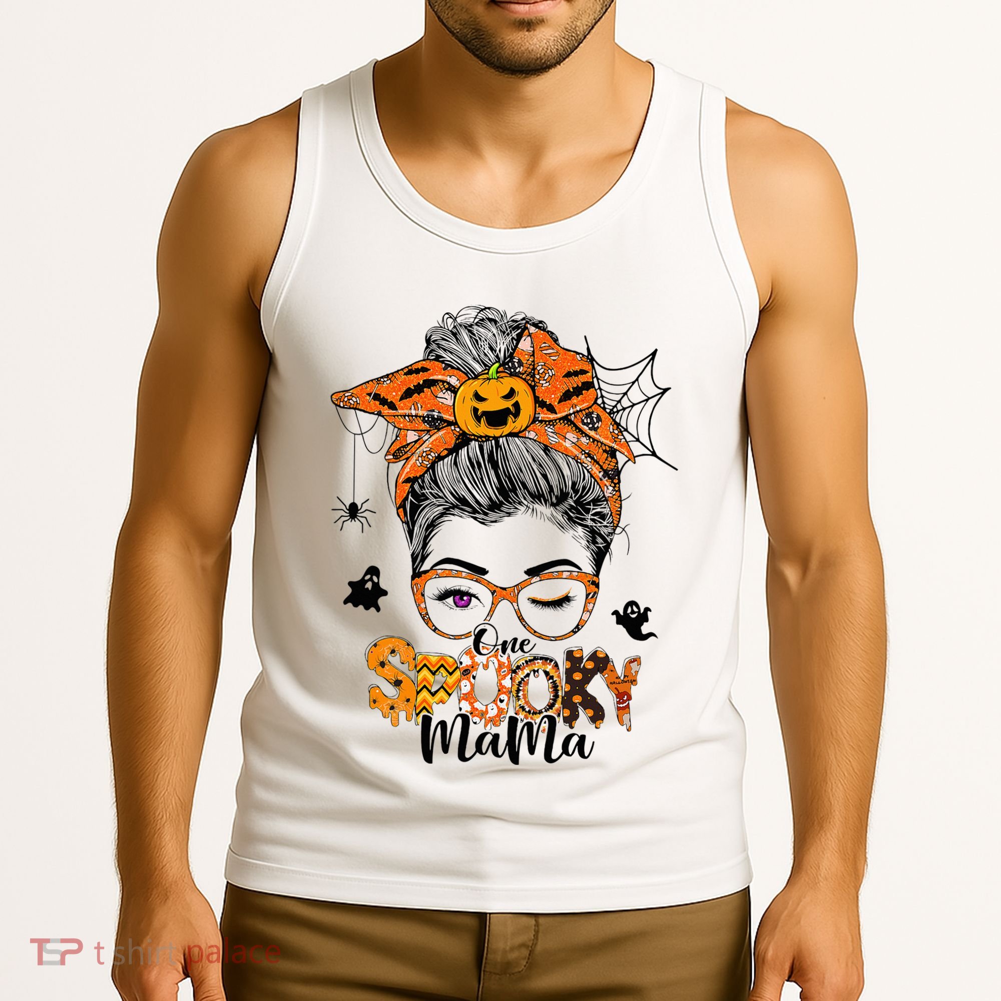 One Spooky Mama For Halloween Messy Bun Mom Monster Bleached Tank Top