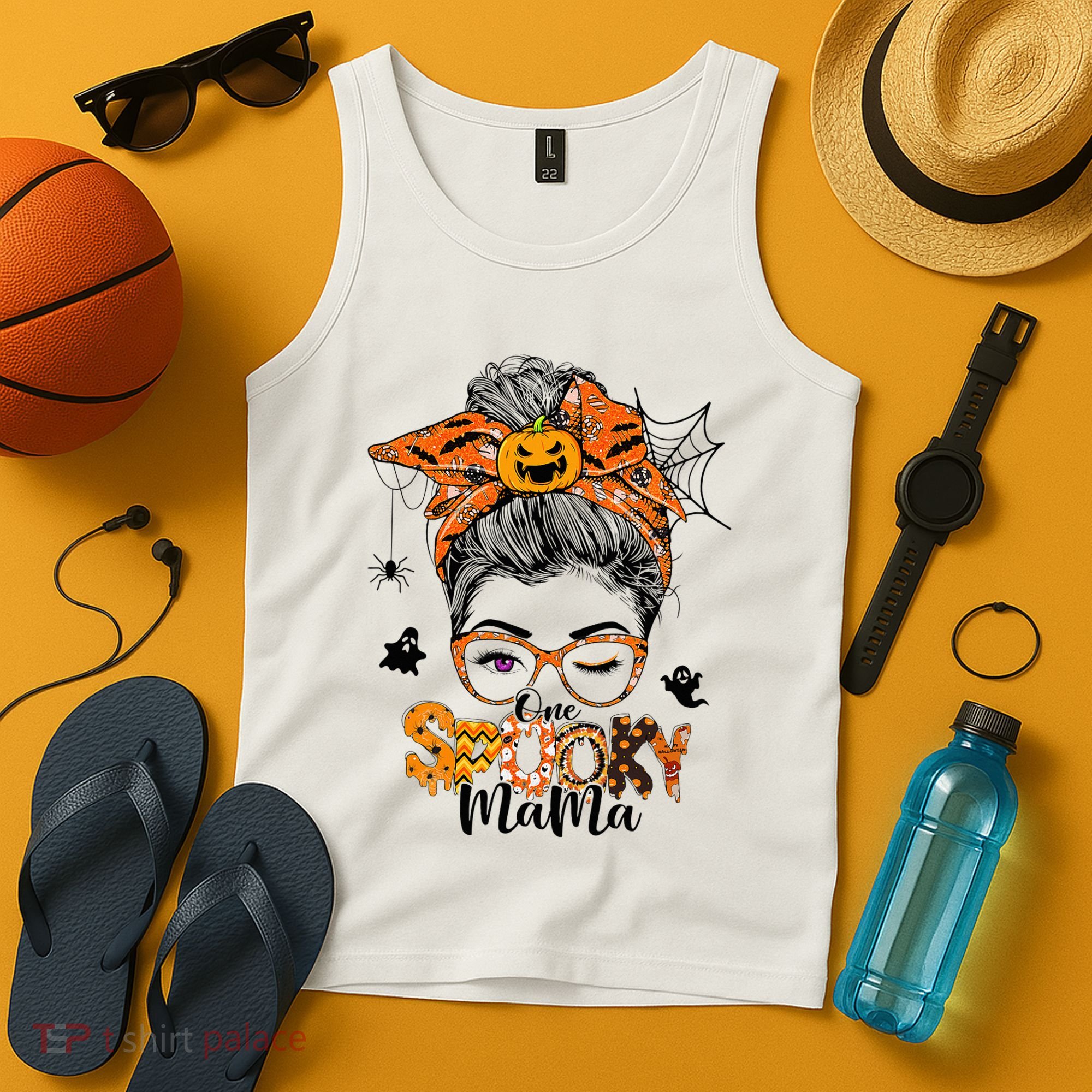 One Spooky Mama For Halloween Messy Bun Mom Monster Bleached Tank Top