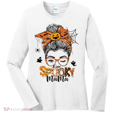 One Spooky Mama For Halloween Messy Bun Mom Monster Bleached Women's Long Sleeve Shirt