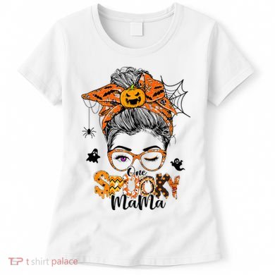 One Spooky Mama For Halloween Messy Bun Mom Monster Bleached Women's T-Shirt