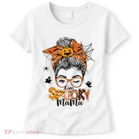 One Spooky Mama For Halloween Messy Bun Mom Monster Bleached Women's T-Shirt thumb 0