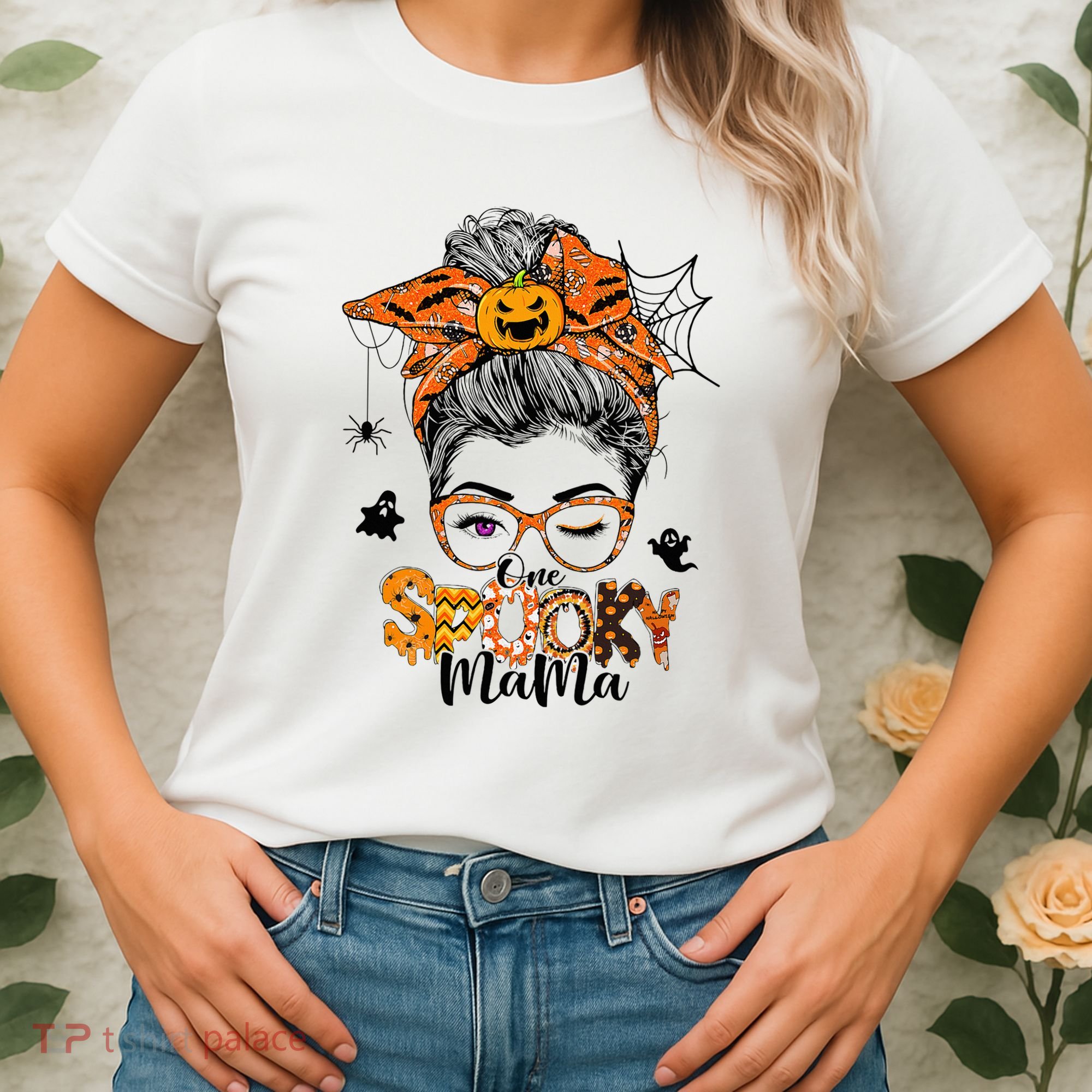 One Spooky Mama For Halloween Messy Bun Mom Monster Bleached Women's T-Shirt