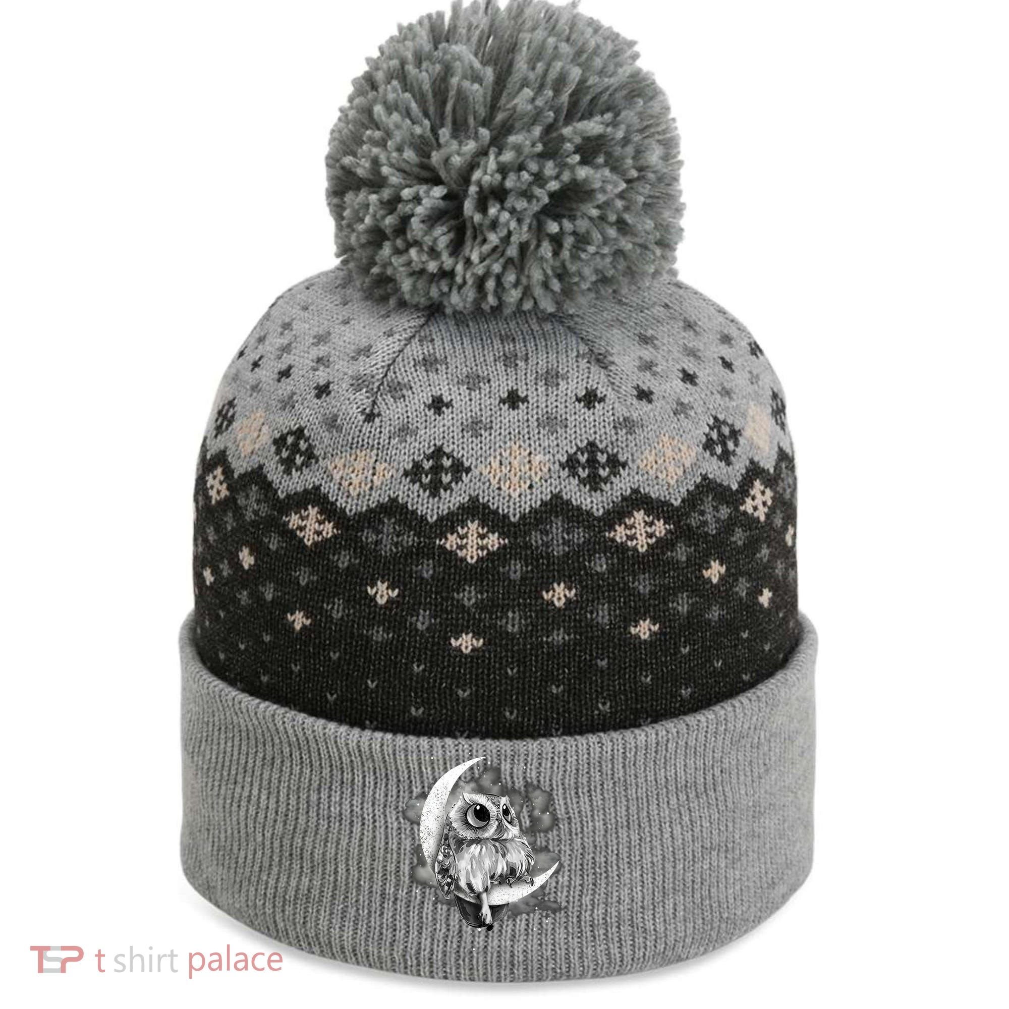 Owl Sitting On The Moon Gift The Baniff Cuffed Pom Beanie
